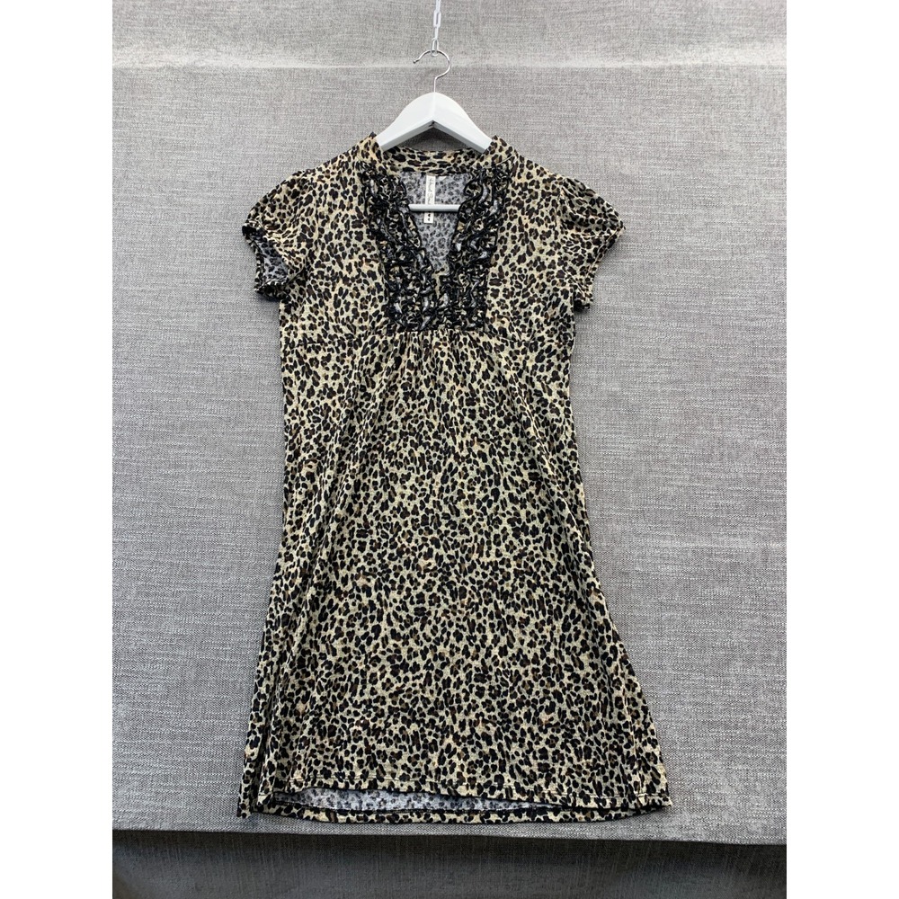 Heart Soul Mini Dress Womens M Beige Cheetah Print Ruffle V-Neck Empire Waist